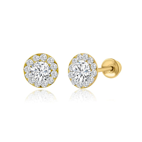 14K Solid Yellow Gold Halo Stud Earring 0.50Ct Simulated Diamond CZ 5MM