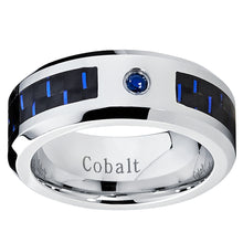 Cobalt Men's Wedding Band Ring with Black and Blue Carbon Fiber Inlay and 0.05 Carat Blue Sapphire