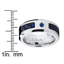 Cobalt Men's Wedding Band Ring with Black and Blue Carbon Fiber Inlay and 0.05 Carat Blue Sapphire