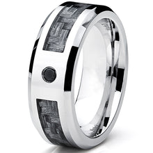 Cobalt Men's Wedding Band Ring with Gray Carbon Fiber Inlay and 0.04 Black Diamond, 8mm Sizes 8-12