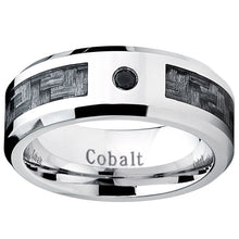 Cobalt Men's Wedding Band Ring with Gray Carbon Fiber Inlay and 0.04 Black Diamond, 8mm Sizes 8-12