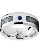 Cobalt Men's Wedding Band Ring W/ Gray 3K Carbon Fiber Inlay and 0.05 Carat Blue Sapphire