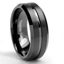 Men's Tungsten Ring Wedding Band Black Grooved Beveled Edge 8MM Sizes 7 to 15