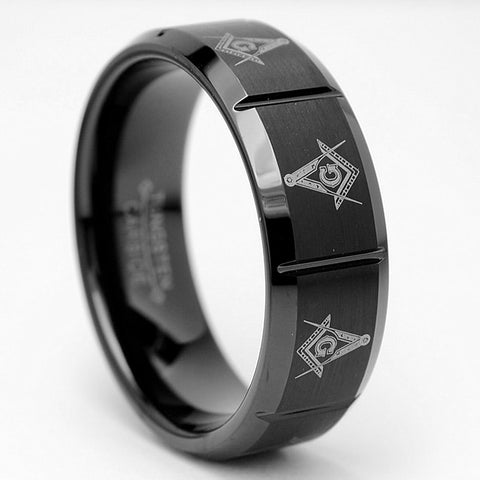 Tungsten Carbide Men's Black Laser Etched Masonic Ring, 8mm Comfort Fit, Sizes 7 to 13