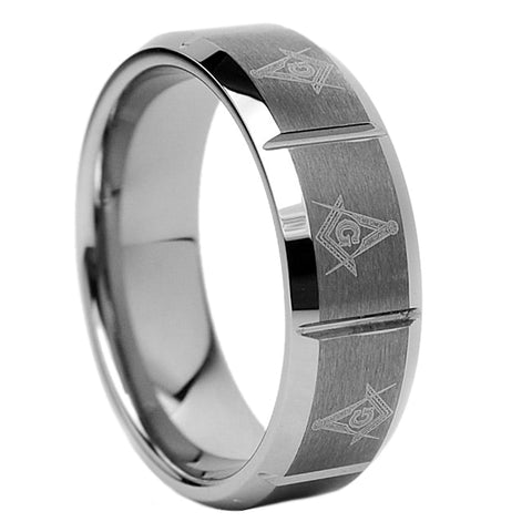 Tungsten Carbide Men's Laser Etched Masonic Ring, 8mm Comfort Fit, Sizes 7 to 13