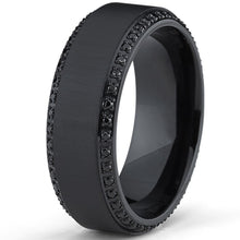 Black Titanium Men's  Brushed Wedding Band Ring W/ Black Cubic Zirconia, Two Row Eternity Ring