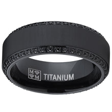 Black Titanium Men's  Brushed Wedding Band Ring W/ Black Cubic Zirconia, Two Row Eternity Ring