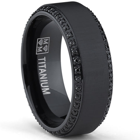 Black Titanium Men's  Brushed Wedding Band Ring W/ Black Cubic Zirconia, Two Row Eternity Ring