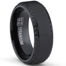 Black Titanium Men's  Brushed Wedding Band Ring W/ Black Cubic Zirconia, Two Row Eternity Ring
