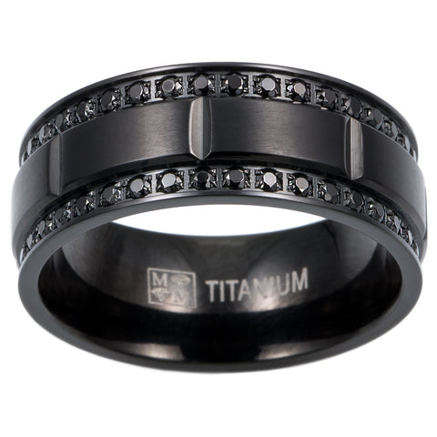 9MM Mens Black Titanium Wedding Band Ring 1Ct Double Row Black Cubic Zirconia Comfort-Fit