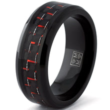 Men's Black Titanium Wedding Band Ring with Black and Red Carbon Fiber inlay, Comfort fit 8mm, Sizes 7 to 13