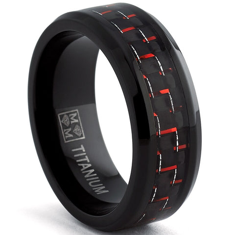 Men's Black Titanium Wedding Band Ring with Black and Red Carbon Fiber inlay, Comfort fit 8mm, Sizes 7 to 13