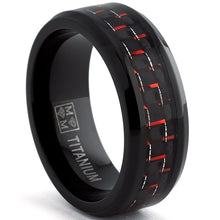 Men's Black Titanium Wedding Band Ring with Black and Red Carbon Fiber inlay, Comfort fit 8mm, Sizes 7 to 13