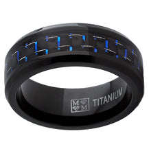 Men's Black Titanium Wedding Band Ring with Black and Blue Carbon Fiber inlay, Comfort fit 8mm, Sizes 6 to 15