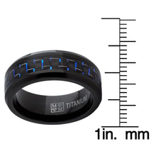 Men's Black Titanium Wedding Band Ring with Black and Blue Carbon Fiber inlay, Comfort fit 8mm, Sizes 6 to 15