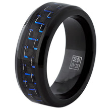Men's Black Titanium Wedding Band Ring with Black and Blue Carbon Fiber inlay, Comfort fit 8mm, Sizes 6 to 15