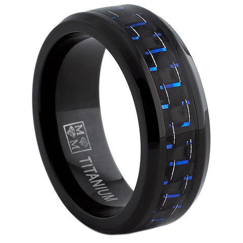 Men's Black Titanium Wedding Band Ring with Black and Blue Carbon Fiber inlay, Comfort fit 8mm, Sizes 6 to 15