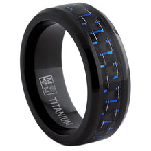 Men's Black Titanium Wedding Band Ring with Black and Blue Carbon Fiber inlay, Comfort fit 8mm, Sizes 6 to 15