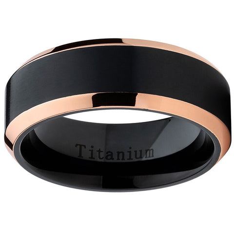 Rose Tone / Black Titanium Ring Wedding Band, Engagement Ring, High Polish Beveled Edge Ring