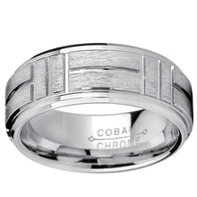 Men's Cobalt Wedding Ring Band, Raised Textured Brushed Grooved Center, Comfort Fit 8mm