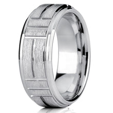 Men's Cobalt Wedding Ring Band, Raised Textured Brushed Grooved Center, Comfort Fit 8mm