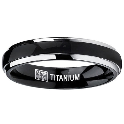 4mm Thin Dome Black Two Tome Titanium Wedding Band Engagement Ring, Comfort Fit