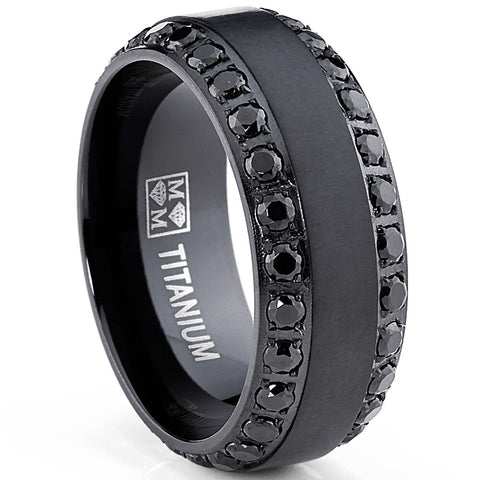 Men's .9Ct Black Titanium Dome Brushed Finished Wedding Band Engagement Ring with Black Cubic Zirconia