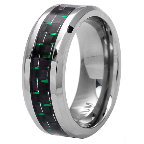 8MM Men's Titanium Wedding Band Ring with Black and Green Carbon Fiber Inlay, Comfort Fit