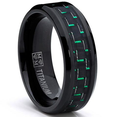 Men's Black Titanium Wedding Band Ring with Black and Green Carbon Fiber inlay, Comfort fit 8mm, Sizes 7 to 13
