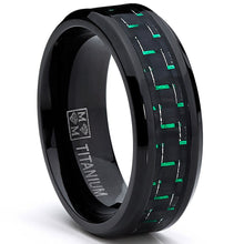 Men's Black Titanium Wedding Band Ring with Black and Green Carbon Fiber inlay, Comfort fit 8mm, Sizes 7 to 13