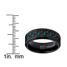 Men's Black Titanium Wedding Band Ring with Black and Green Carbon Fiber inlay, Comfort fit 8mm, Sizes 7 to 13