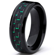 Men's Black Titanium Wedding Band Ring with Black and Green Carbon Fiber inlay, Comfort fit 8mm, Sizes 7 to 13