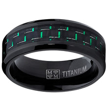 Men's Black Titanium Wedding Band Ring with Black and Green Carbon Fiber inlay, Comfort fit 8mm, Sizes 7 to 13