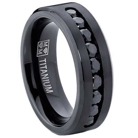 Men's Black Titanium Ring Wedding Engagement Band With 9 Large Channel Set Black CZ, 8mm
