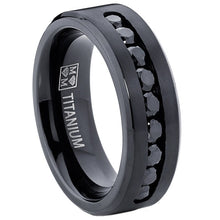 Men's Black Titanium Ring Wedding Engagement Band With 9 Large Channel Set Black CZ, 8mm