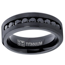 Men's Black Titanium Ring Wedding Engagement Band With 9 Large Channel Set Black CZ, 8mm