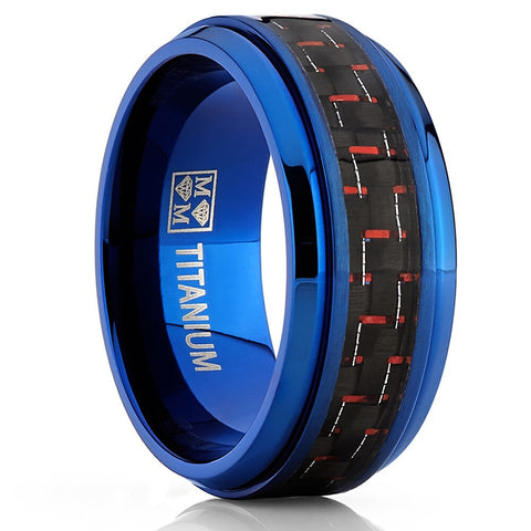 Men's Blue Titanium Wedding Bands Ring With Black and Red Carbon Fiber Inlay, 9mm Comfort Fit