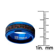 Men's Blue Titanium Wedding Bands Ring With Black and Red Carbon Fiber Inlay, 9mm Comfort Fit