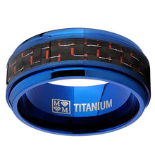 Men's Blue Titanium Wedding Bands Ring With Black and Red Carbon Fiber Inlay, 9mm Comfort Fit