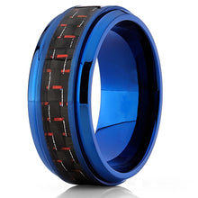 Men's Blue Titanium Wedding Bands Ring With Black and Red Carbon Fiber Inlay, 9mm Comfort Fit