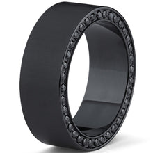 Black Titanium Men's Brushed Wedding Band Ring with Black Cubic Zirconia,Pave Set Eternity Ring