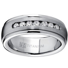 7MM Men's Dome Brushed Titanium Wedding Band Ring with 7 Round Cubic Zirconia, Comfort Fit