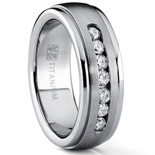 7MM Men's Dome Brushed Titanium Wedding Band Ring with 7 Round Cubic Zirconia, Comfort Fit