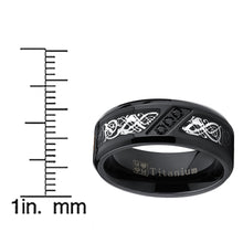 Men's Black Titanium Wedding Ring Band with Dragon Design Over Carbon Fiber Inlay and Black Cubic Zirconia