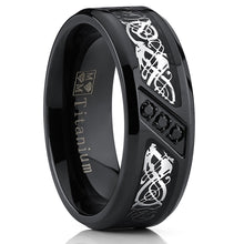 Men's Black Titanium Wedding Ring Band with Dragon Design Over Carbon Fiber Inlay and Black Cubic Zirconia