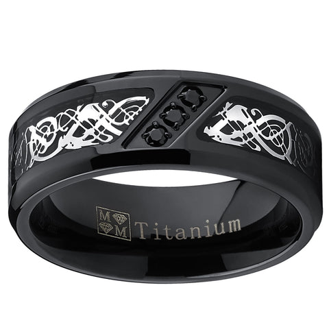 Men's Black Titanium Wedding Ring Band with Dragon Design Over Carbon Fiber Inlay and Black Cubic Zirconia