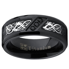 Men's Black Titanium Wedding Ring Band with Dragon Design Over Carbon Fiber Inlay and Black Cubic Zirconia