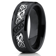 Men's Black Titanium Wedding Ring Band with Dragon Design Over Carbon Fiber Inlay and Black Cubic Zirconia