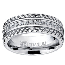 Men's Titanium Wedding Band, Engagement Eternity ring, Chevron design, Cubic Zirconia CZ Ring