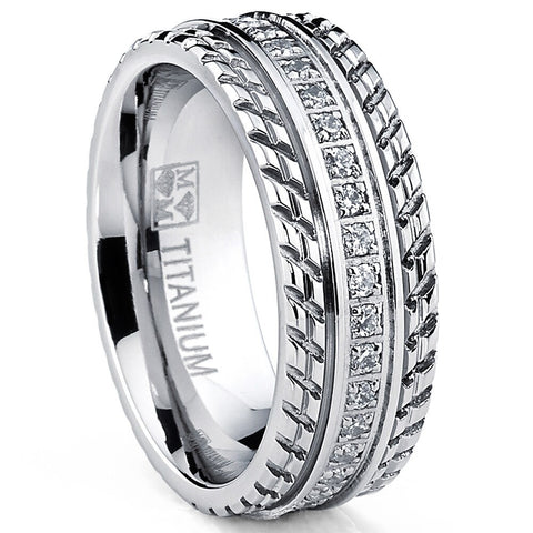 Men's Titanium Wedding Band, Engagement Eternity ring, Chevron design, Cubic Zirconia CZ Ring